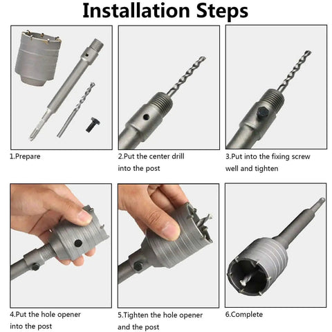 Installation steps for Durable 2 Inch Concrete Hole Saw Cutter With SDS Plus Shank And 202mm Connecting Rod by Hordon