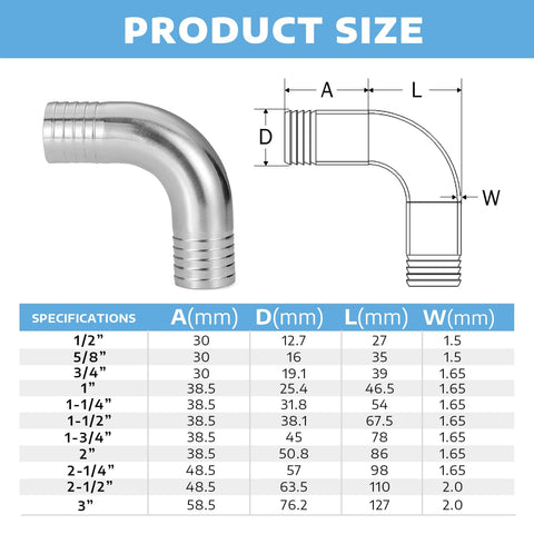 Yoebor 304 stainless sanitary hose barb 90-degree elbow, 1 in. barb x 1 in., 1 pc