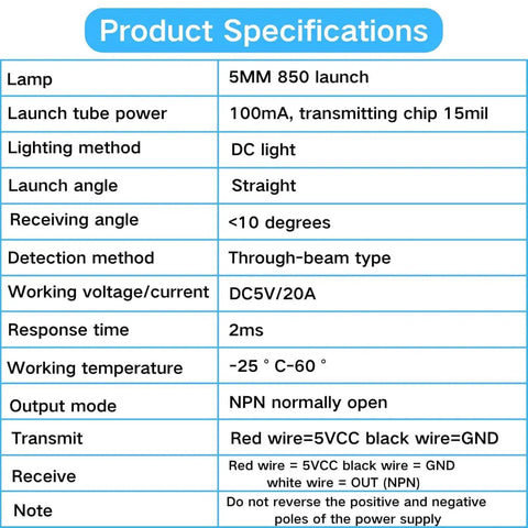 Ultra Fast Infrared Break Beam Sensor Kit With 5mm LEDs Count Module Through Beam Photoelectric Switch 5V NPN Normally Open specs