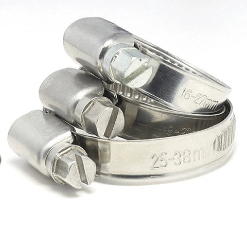 Close-up of 90 Piece Stainless Steel Hose Clamps Set for Automotive Radiators and Pool Hoses, featuring welded worm gear and non-perforated band.