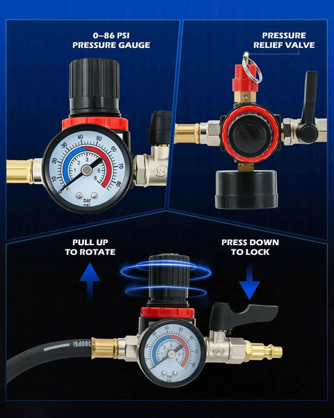Turbo Leak Tester Kit With 4 Stepped Adapters For Turbo Cooling And Emissions showing pressure gauge and relief valve features.