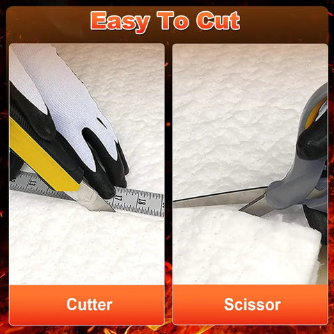 Ceramic fiber blanket insulation, 24x12 inches, 1 inch thick, white, being cut with a utility knife and scissors