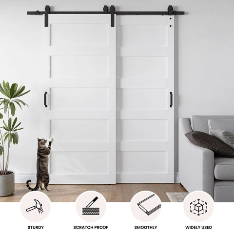 White 48 By 96 Inch Double Barn Door Set With 5 Panel MDF Sliding Doors And Six Foot Bypass Hardware Kit, Space Saving Design
