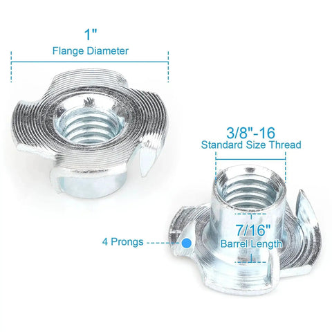 Three Eighths Inch T Nuts Four Pronged Tee Nut Zinc Plated Steel Climbing Holds, dimensions labeled, two angles shown.
