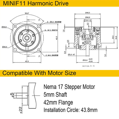 Technical drawing of 50:1 Harmonic Gear Drive Reducer for Nema 17 Stepper Motor Robots with dimensions and compatibility details.