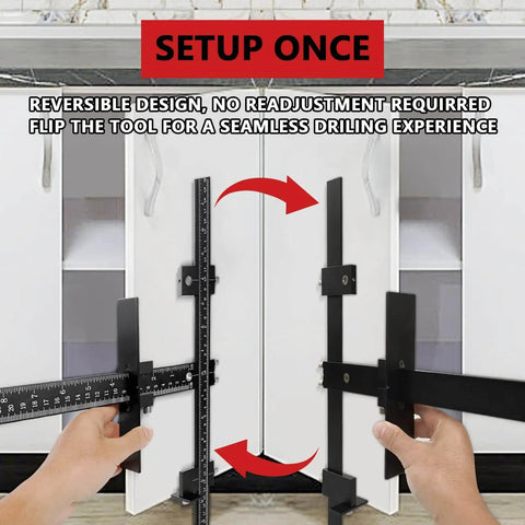 Aluminum Cabinet Hardware Jig With Adjustable Template For Precise Hole Spacing And Doweling Guide, in use on white cabinets.