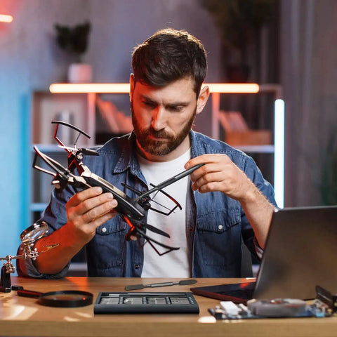 Man repairing drone with Dope Micro Screwdriver Set 50 In 1 Precision Kit With S2 Steel Bits at a desk