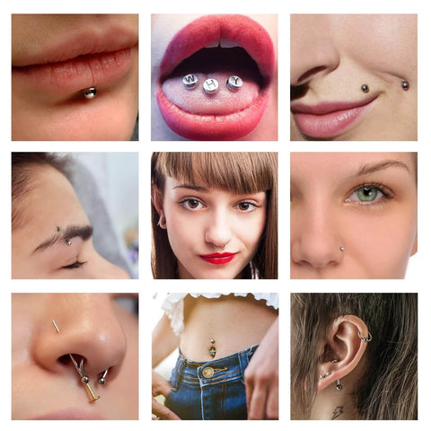 Various piercings showcasing application of Piercing Ball Grabber Reacher Tool For Easy Jewelry Swap, Pro Grade Stainless Steel.