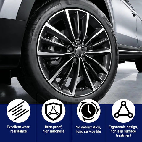 Close-up of installed car wheel with highlights on features like wear resistance, anti-rust, and ergonomic design.