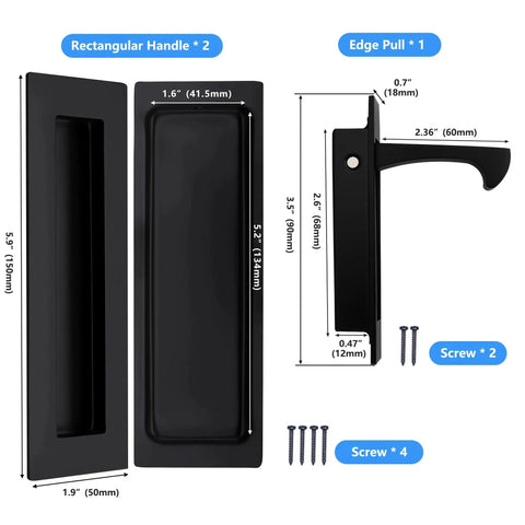 Sliding Pocket Door Handles Set Matte Black 304 Stainless Steel Non Locking Recessed Flush Finger Pulls And Heavy Duty Edge Pull 6 Inch