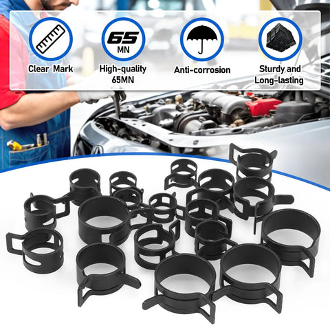 Toolwiz 130Pcs 6-25mm spring band hose clamps assortment in black.