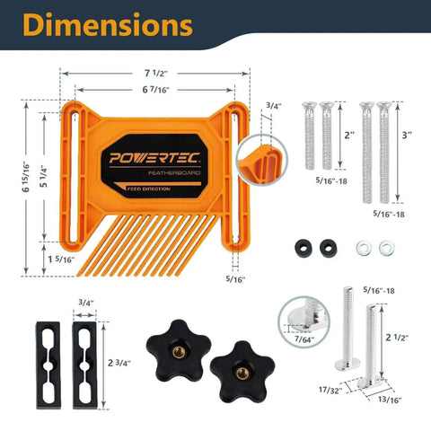 Pro Grade Universal Tandem Featherboards For Table Saw Router Table And Band Saw By POWERTEC with dimensions and parts.