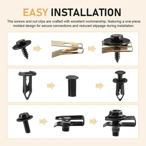 All In One Car Fastener Kit 100 Pcs Grab And Go With Body Bolts Nuts U Clips Self Tapping Screws Snap Nuts 5 Types Anti Rust Universal For Engine Under Cover Fender Bumper Splash Guards Black, showing various screws and clips.