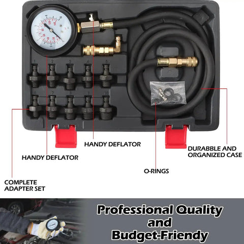 Oil Pressure Tester Kit 0 To 140 PSI With Heavy Duty Steel Gauge Rubberized Case 50 Inch High Pressure Hose in case