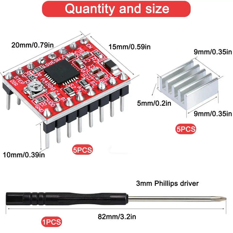 Five Pack A4988 Stepper Motor Driver Modules With Heat Sink For 3D Printers And Arduino, size chart with screwdriver