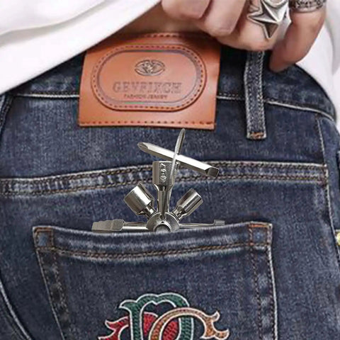 All In One 10 In 1 Carbon Steel Portable Screwdriver And Wrench Kit in a back pocket of jeans
