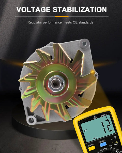 One Wire 100 Amp Alternator Replacement For 10SI Self Exciting Units For SBC BBC GM High Output Vehicles front view with voltmeter