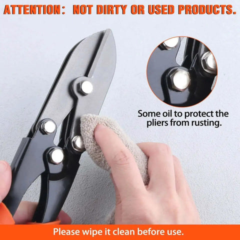 Cleaning 5 Blade Hand Crimpers For Sheet Metal And Ductwork with cloth, showing oil to protect against rust, heavy duty pro grade tool