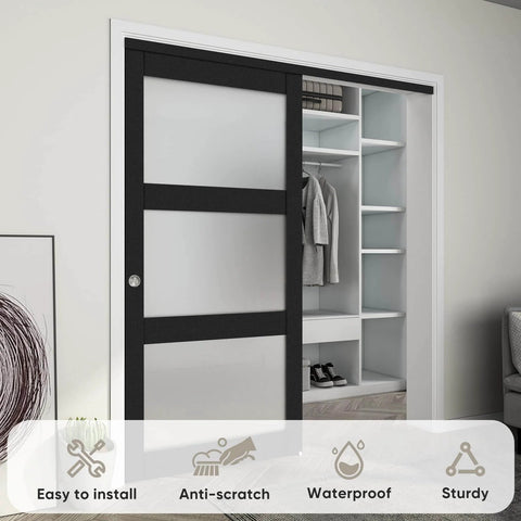 Sliding Closet Door Set With Frosted Glass, 72 Inch Wide By 80 Inch High, Double 37 Inch Panels, black wood frame installed