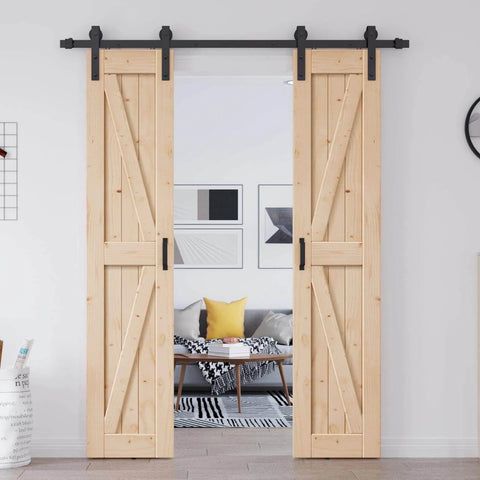 36 By 84 Inch Double Sliding Solid Wood Barn Door With 6.6 Foot Hardware Kit And Handle Included DIY Assembly Easy Install For Interior Rooms And Storage Closets K Frame Wood Door installed in living room.