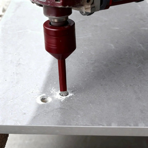 Diamond Hole Saw Set For Porcelain Ceramic Concrete Granite Marble Tiles With 6mm Shank Core Drill Bits in use on tile surface.