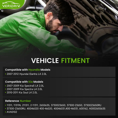 Mechanic inspecting under the hood, compatible vehicle fitment list for 11311N Direct Fit Plug And Play Alternator Replacement For 2007 2012 Hyundai Elantra 2.0L 2010 2011 Kia Soul 2.0L 2007 2009 Spectra 2.0L L4 Replaces 2655635 600162 AVA0102 3730023650 4004603 40046020.