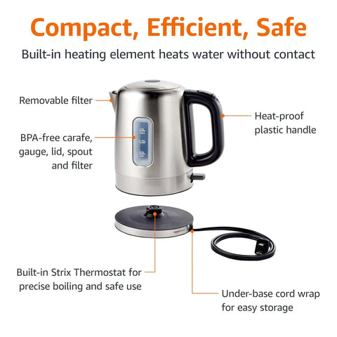 Fast Boil Electric Kettle For Tea And Coffee, Stainless Steel BPA Free 1L, with auto shut off, boil dry protection, shown with power base