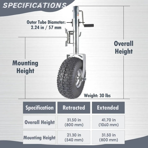 Swivel Trailer Tongue Jack 2000Lb Capacity Bolt-On Foldable With 13.38in Wheel specifications including height and weight.