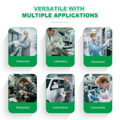 Image showing various applications for 9x9 Cleanroom Wipes 300 PCS Grade B 56 GSM Nonwoven Lint Free Lab Electronics, including cleanroom and lab use.
