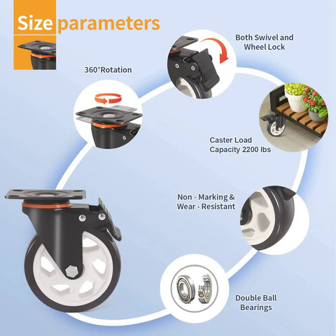 5 Inch Caster Wheels With Brake Set Of 4 Heavy Duty 2000 Lbs Industrial Swivel Casters Polyurethane Quiet Wheels For Cart And Workbench Dual Locking Safety Brakes Two Hardware Kits Included, showing size parameters and features like 360° rotation, wheel lock, and durability details.