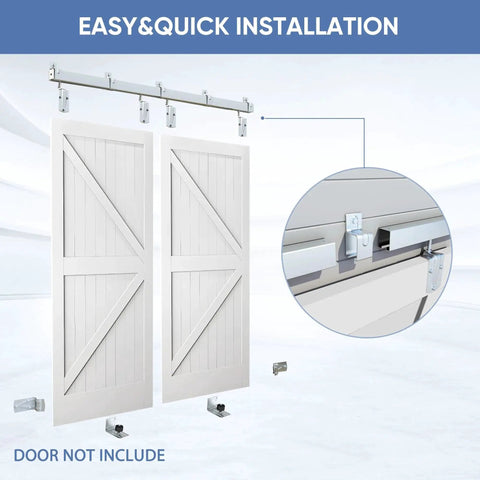 Exterior Sliding Barn Door Hardware Kit for Double Doors, 14ft Heavy Duty Track System, silver wall mount detail view