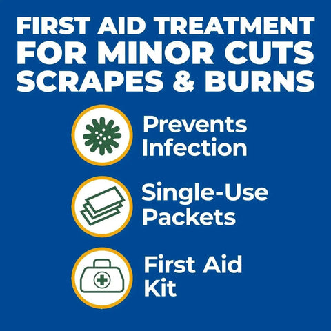 First aid treatment image highlighting travel size triple antibiotic ointment pack for minor scratches and burns