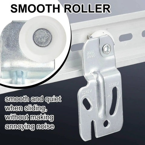 4 Pcs Sliding Closet Door Roller Kit For Top Hung Bypass Wardrobe Wheels Hardware close-up of a mounted roller showing smooth operation.