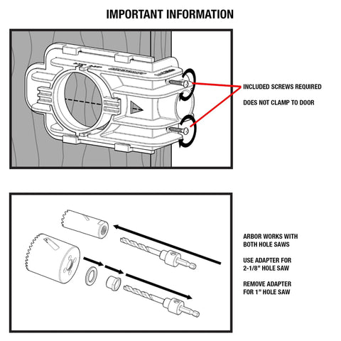 Diagram of Door Lock Installation Kit With Jig For Wood And Metal Doors Fits Standard Doors From One And Three Eighths Inches To One And Three Quarters Inches Thick Includes Bi Metal Cobalt Hole Saws And Step Drill Guide For Precise Easy Lock Installation No Fuss showing assembly instructions.