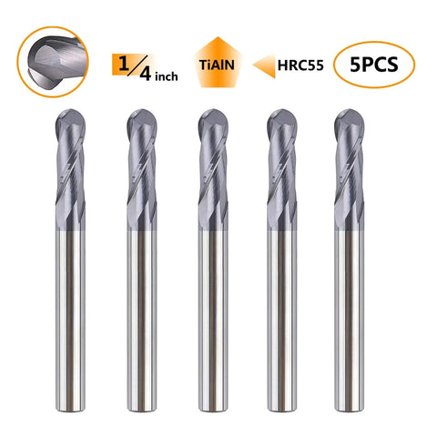 Five Piece Ball Nose End Mill Set For CNC Router Machines One Quarter Inch Shank Two And A Half Inch Overall Length HRC55 Pro Grade Solid Carbide TiAlN Coated Double Flute Spiral Workhorse Bits For Engraving Milling Precision