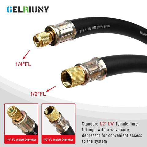 HVAC vacuum hose, 6 ft black, 1/2 to 1/4 flare fittings, brass connectors, high-flow vacuum