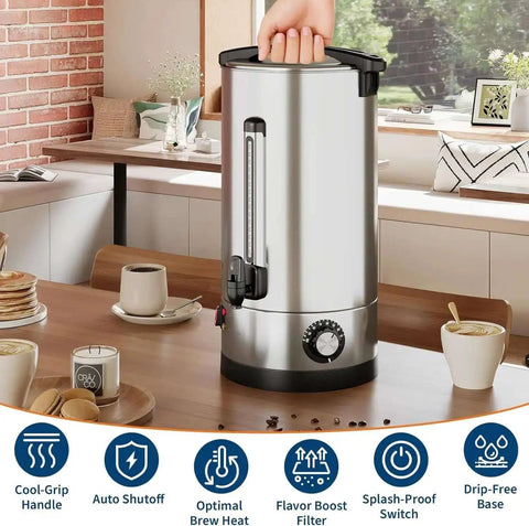 Massive 110 Cup Commercial Coffee Urn With Double Wall Insulation 16 Liter 4.2 Gallon Stainless Steel Beverage Dispenser on countertop