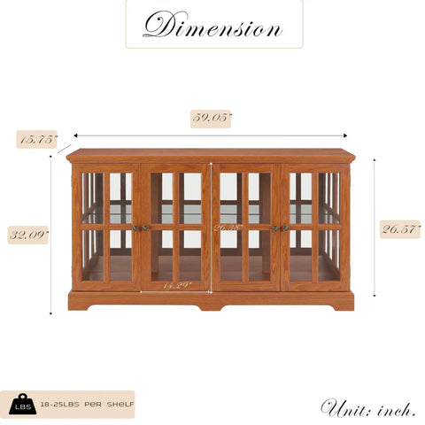 59 Inch LED Curio Cabinet With Seven Color Lights; front view showing measurements, glass doors, dark oak finish