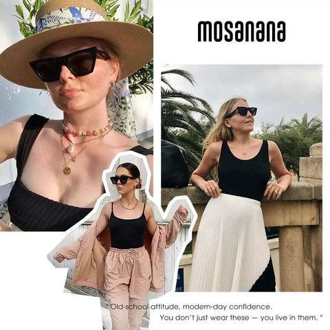 Women wearing Cat Eye Sunglasses For Women Sharp Angles Frame With UV400 Protection Black 2Pack Retro Cool Vintage Fashion 90s Funky Ladies Small Chunky Unique MS51801 Trendy Square Cateye Eyewear For Everyday Sunny Days.