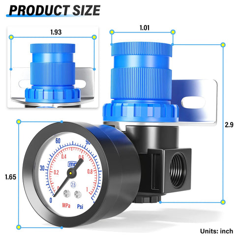 Tailonz pneumatic 5-in-1 mini regulator kit with blue knobs, gauge, and 1/4 in NPT inlet