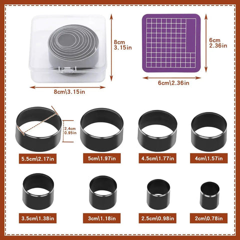 Eight Piece Leather Circle Cutter Set With High Carbon Steel Round Punches in case, showing eight diameters ranging 20 to 55 mm.