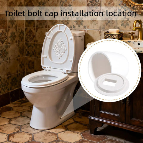 Universal Toilet Bolt Caps Pack of 6, White 1.44 Inch Round Push On Covers With Washers, installed on floor bolts of a toilet