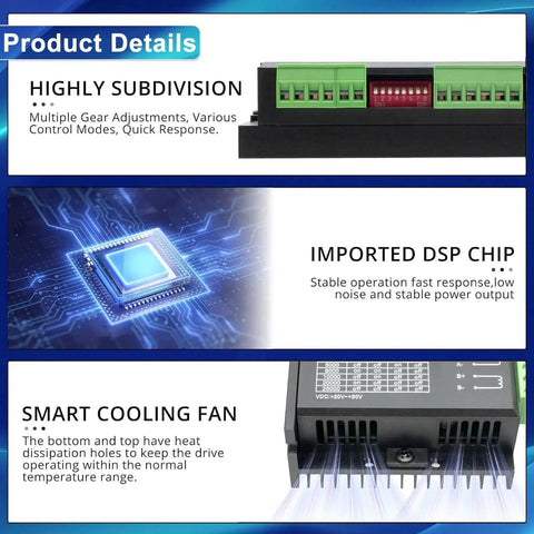 Beefy DM542 Stepper Motor Driver Controller product details with highly subdivision, DSP chip, and smart cooling fan features