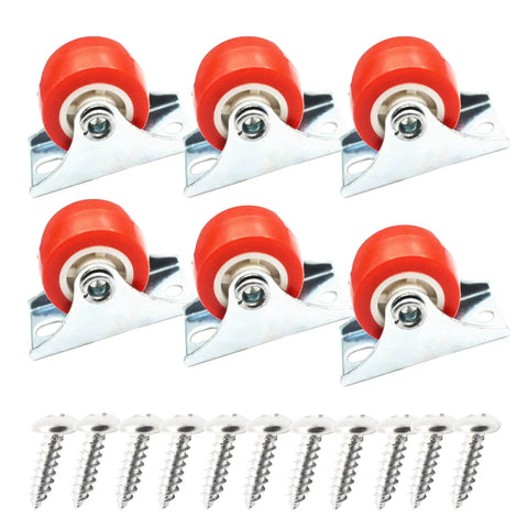1 Inch Rigid Plate Caster Wheels No Brake For Furniture 6 Pack With Free Screws Red PVC Screw Or Bolt Mount No Stem