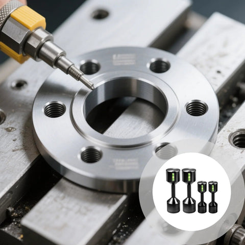 2 Piece Aluminum Flange Dowel Pin Set With Foam Spirit Level Alignment, Adjustable Height, shown in use on metal surface