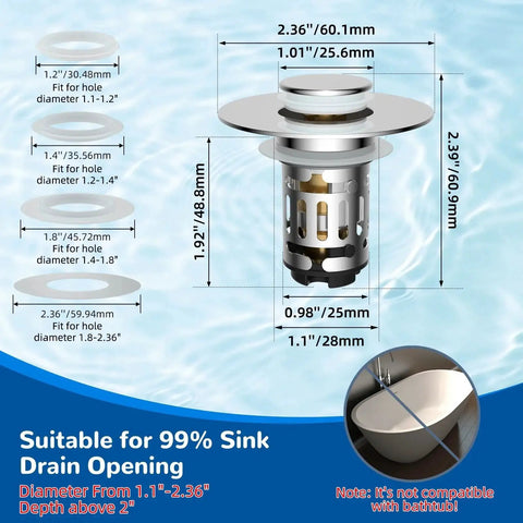 Diagram of Upgraded 3 In 1 Bathroom Sink Drain Strainer With Pop Up Stopper Chrome Finish showing measurements and compatibility
