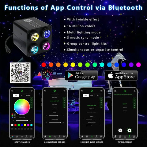 Car Starlight Headliner Kit With 36W Four Color Twinkle Fiber Optic Lights and app control functions displayed on screens