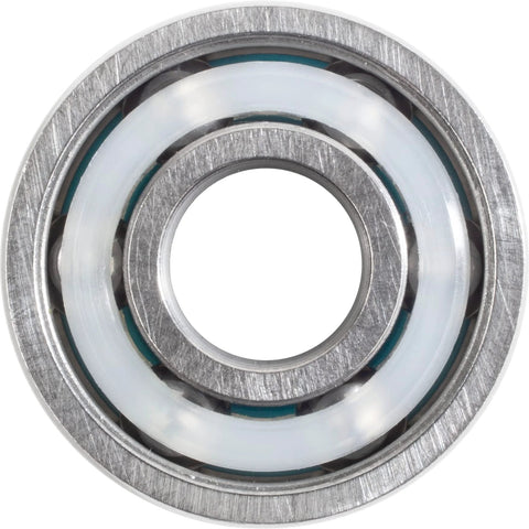 Bones Reds skateboard bearing with metal outer/inner races, white seal, teal spacers