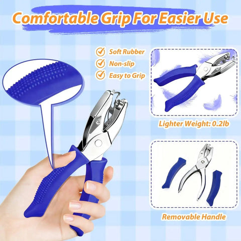 Two Pack Round Hole Punch Set For Scrapbooking And Card Making, blue ergonomic grip, shown in hand with removable handle feature.