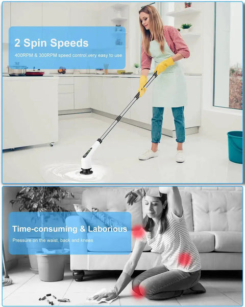 Cordless Electric Spin Scrubber With 8 Replaceable Heads, 360 Power Scrubber in use on kitchen tiles by a standing woman.